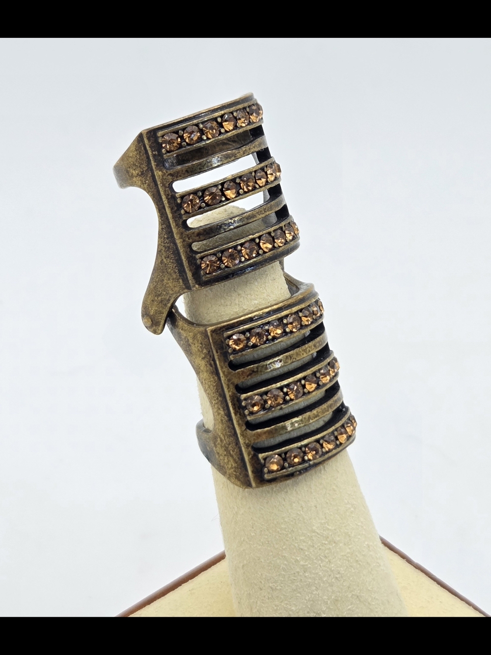Vintage Style Bronze Armor Full Finger Double Ring Rhinestone Articulated Size 6